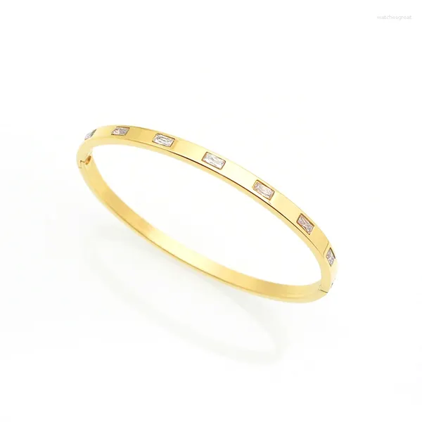 Brazalete creativo rectangular de cristal de acero inoxidable de 18 K para mujer, brazaletes lisos elegantes a la moda, joyería de Color dorado