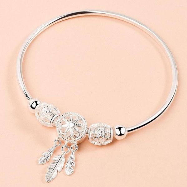 Brazalete Diseño Creativo Atrapasueños Pulsera De Color Plata Colgante De Pluma Hueco Simple