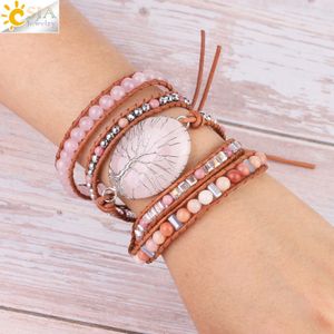 Bracelet CSJA Arbre de Vie Femmes Bijoux Naturel Rose Quartz Cristal Pierre Charms Bracelet En Cuir Tressé Gems Perles Wrap Bracelets S349 230911