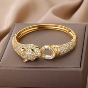 Brazalete Cubic Zircon Leopard Head Pulseras para mujeres Hombres Pulsera de acero inoxidable para parejas Diseñador de lujo Regalos de joyería 240319