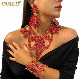 Bracelet Cuiier Passionné Rouge Zircone Collier Boucle D'oreille Bracelet Ensemble Pour Femmes Énorme Taille Bijoux De Mariage Pour Les Lunes De Miel Drag Queen 240319