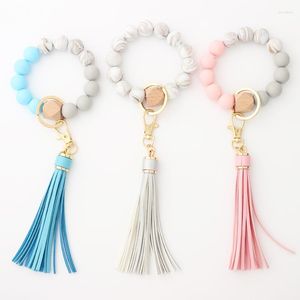 Bracelet personnalisé couleur bonbon longue frange en cuir gland perles de silicone bracelets charme bois perlé poignet porte-clés anti-perte porte-clés