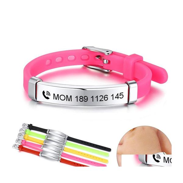 Brazalete Personalizar Niños Bebé ID Pulseras Sile suave Acero inoxidable Timón Niñas Niños Teléfono de emergencia personalizado Nombre Drop Delivery J Dhwxd