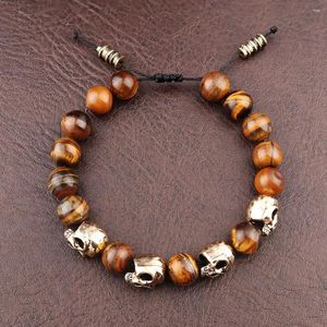 Bangle Dark Vintage Agate Skull Bracelet for Men Natural Stone Tiger Eye Charm Women Punk Hip Hop verstelbare sieraden Groothandel