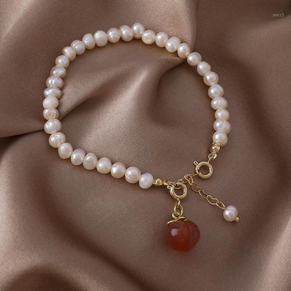 Bangle Design Sweet Fruit Peach Pink Agate Natural Natural Freshwater Pearls Perles Bracelets à la main pour femmes Bijoux de mode Gift