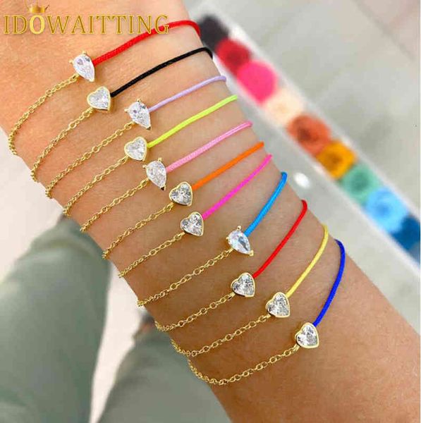 Bracelet Designer 925 Sterling Argent Rouge Jaune Corde Colorée Demi-Corde Pavée Coeur Rond CZ Main Chaîne Bracelet Femmes Délicat Bijoux Fins