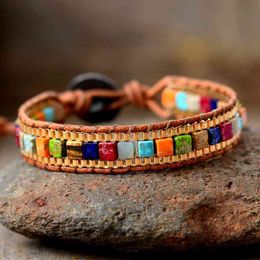 Bangle Designer Creative Women Wrap S 7 Chakra Stones Gold Chain Woven lederen armband Boheemse verklaring Teen Girls Jewelry Dropship