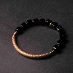 Bangle Designer Kubieke Zwarte Obsidiaan Armband met Handgemaakte Antieke Koperen Accessoires Trendy Bescherming Steen Sieraden voor Mannen 2834