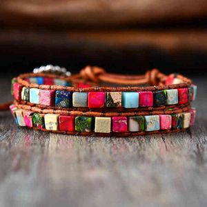 Bangle Designer Sieraden Boho Women High End Mix Natural Stone Vintage 2 strengen Leather Wrap Weaving Bead Armbanden Handmade