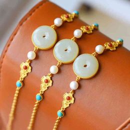 Bangle Designer Natural Hetian White Jade Disc Bracelet Chinese Retro Palace Style Unique Craft Light Luxury Charm Women's Silver Jewelry