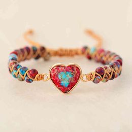 Bangle Designer Natural Stone Heart Charme S String Gevlochten Macrame Jaspers vriendschap wrap armband femme dames sieraden