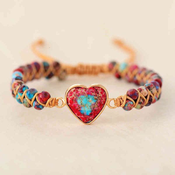 Diseñador de brazalete Natural Stone Heart Charm s Cadena trenzada Macrame Jaspers Amistad Wrap Pulsera Femme Joyas