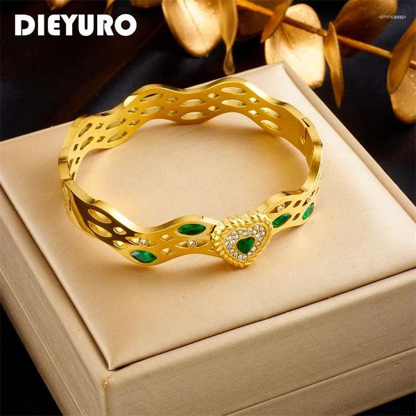Brazalete dieyuro 316l acero inoxidable corazón en forma de circón verde ondulpy para mujeres tendencia de niñas no flautas de joyas de joyas