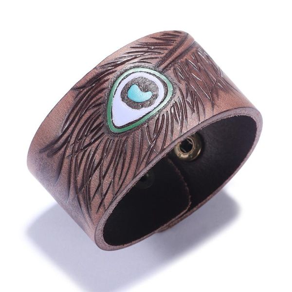 Brazalete Doreen Box Vintage café/marrón en relieve aceite pluma de pavo real ancho PU brazaletes de cuero para hombres estilo Punk joyería ajustable