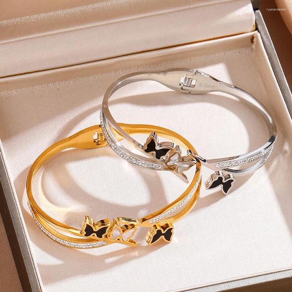 Brangle de papillons à double couche Bracles pour femme luxe incrustée zircon en acier inoxydable bracelets plaqués bijoux