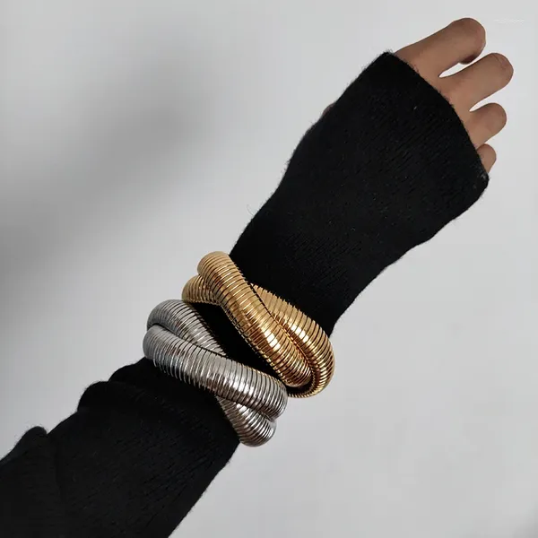 Brazalete de doble capa para mujer, de acero inoxidable, elástico, ancho y grueso, joyería llamativa de invierno, sin deslustre, de alta calidad