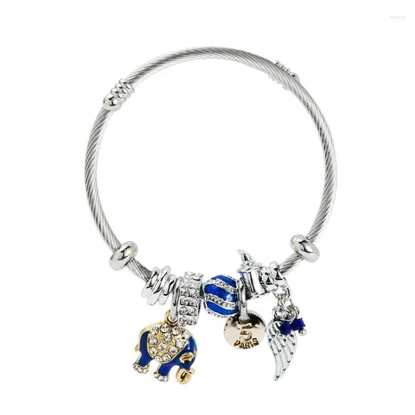 Bracelet goutte d'émail bleu foncé, breloque ondulée d'éléphant, couleur argent, perle d'aile d'angle, bijoux redimensionnables