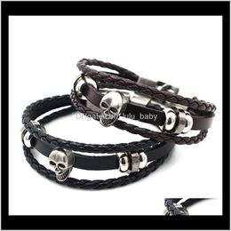 Bracelet livraison directe 2021 Vintage hommes mode cuir noir squelette crâne bracelets porte-bonheur bracelets bijoux mâle multicouche main corde Pulseira