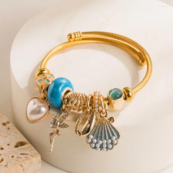 Brazalete gota serie con diseño marino concha de perla corazón colgante encanto clásico Color oro ángulo joyería redimensionable