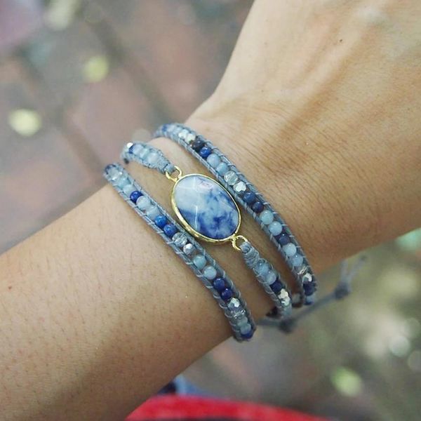 Bangle Drop Shipping Vintage 3 fois Bleu Myled Natural Stone Crystal Perge de crête empilable Bracelet Bracelet Bracelet Bijoux