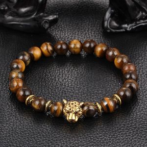 Brazalete Dropship Gold Leopard Head Color dorado Tiger Eye Bead Buddha Pulsera para hombres Moda masculina Punk Joyería Pulseras Brazaletes 230824