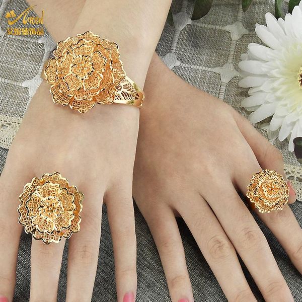 Brazalete de Dubái, pulseras grandes, brazalete, conjunto de anillo, diseño de flor chapado en oro, joyería de cobre para boda nupcial para regalo de mujer