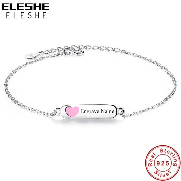 Bracelet ELESHE personnalisé graver nom bijoux 925 en argent sterling chaîne bracelet avec émail rose coeur bracelets pour filles enfants cadeau 231023