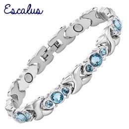 Bangle Escalus 24 stks Blauwe Kristallen Magnetische Armband Voor Vrouwen Zilver Kleur Rvs Link Chain Nieuwe Armbanden Sieraden Gift