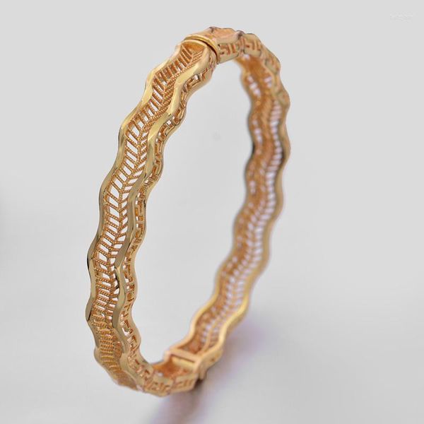 Brazalete de Etiopía, 1 unids/lote, 24K, Dubái, India, brazaletes de Color dorado ondulado para mujer y niña, pulseras africanas, regalos de joyería para fiestas y bodas