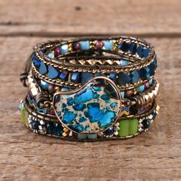 Bangle Etnische 5 Strand Blauwe Onregelmatige Natuurlijke Stenen Imperial Jasper Wrap Armbanden Kralen Koord Vegan Vrouwen Zusters Bohemen Sieraden 230911