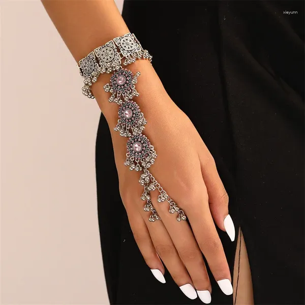 Bracelet Ethnique Couleur Argent Sculpté Fleur Bracelet Bracelets En Chaîne Lien Anneaux Filles Rétro Rose Cristal Géométrique Gland Banquet Bijoux