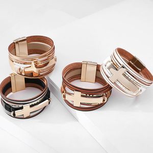 Brazalete de estilo étnico, joyería para parejas, puños anchos de cuero genuino, pulsera para mujer, abalorio de hebilla magnética cruzada para mujer