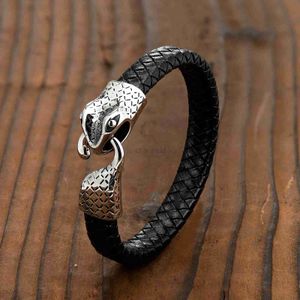 Brazalete europeo y americano de moda cabeza de serpiente estilo punk cabeza lobo masculino pulsera de acero inoxidable cordón de cuero pulsera joyería 240319