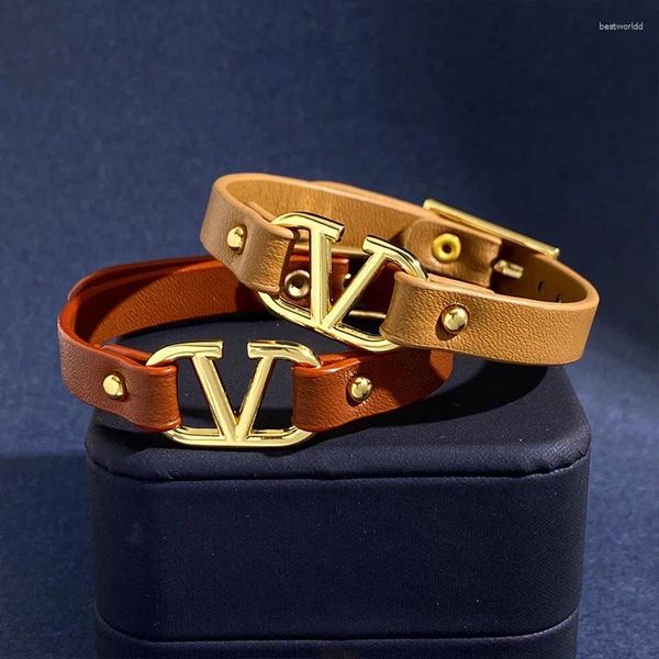 Brazalete Pulsera de cuero de PU personalizada con letras en V minimalistas europeas y americanas para hombres y mujeres