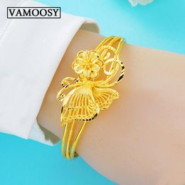 Bracelet exquis fait à la main sculpture fleur forme manchette bracelet pour femmes pur 24K or ouvert bracelet bijoux de mode en gros