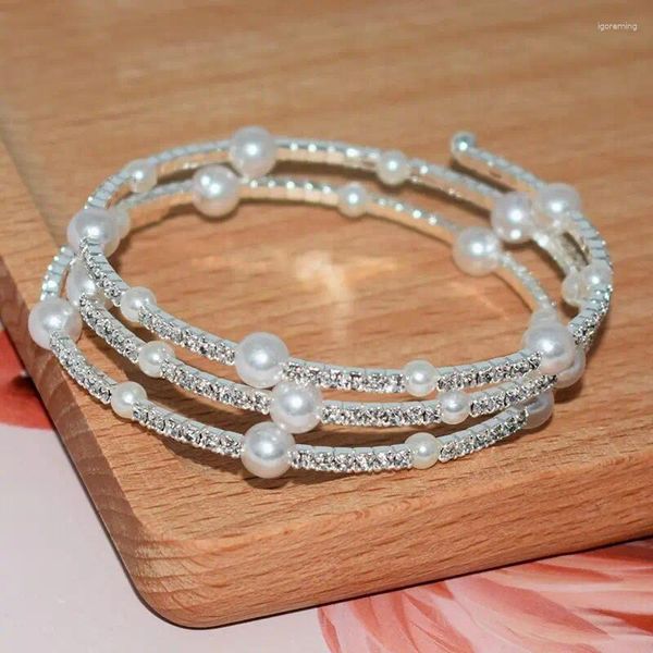Brangle mode 3 rangs Gold Silver plaqué Crystal Bracelet Ladies Imitation Pearl Multi-couche Bling Jewelry Wedding Gift