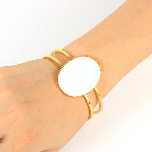 Brazalete de moda de piedra Natural grande, pulseras de cobre de Color dorado y plateado para mujer, pulsera de ópalo de cristal bohemio, joyería