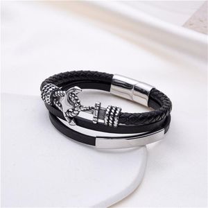 Bangle Fashion Black Multilayer lederen armband mannen roestvrij staal anker magnetische gesp gevlochten Bangles sieraden