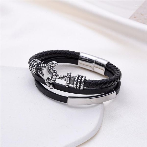 Brazalete Moda Negro Pulsera de cuero multicapa Hombres Acero inoxidable Ancla Cierre magnético Brazaletes trenzados Joyería