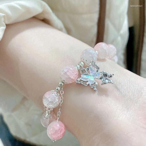 Bangle Fashion Crystal Butterfly Pendant Bracelet Perles en verre rose pour femmes