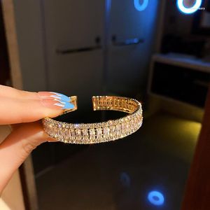 Bangle Mode Cz Goud Kleur Armbanden Bruids Armband Lady Volledige Zirkoon Glanzende Verstelbare Opening Manchet SieradenBangle BangleBangle