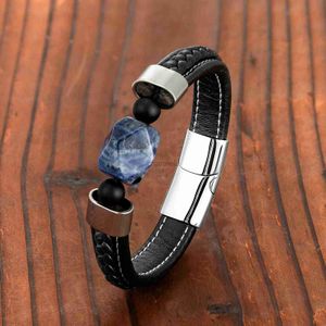 Bangle Fashion diamant natuurlijke blauwe steen half-stone noble heren armband 316L roestvrij staal lederen koord sieraden armband 240319