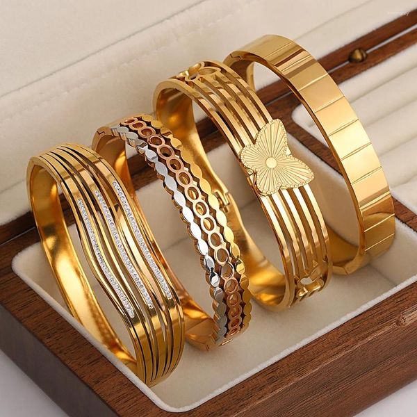 Bracelet en acier inoxydable doré pour femmes, breloque épaisse et large, manchette empilable, étanche, bijoux cadeau
