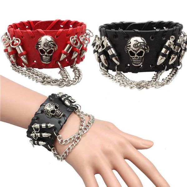 Bracelet mode gothique Punk crâne métal cuir Bracelet hommes Bracelets Bracelets mâle bras bijoux rouge et noir 2022 accessoire
