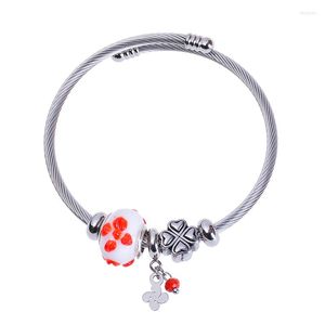 Bangle mode sieraden dames geschenk hoogwaardige glazen kraal klaver hartvormige retro staaldraad open ring roestvrijstalen armband