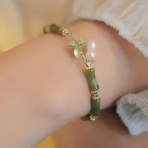 Bangle Fashion Light Luxe Retro Green Bamboo Joint Bracelet Women Romantic Imitation Pearl Pendant Sieraden Accessoires Geschenken