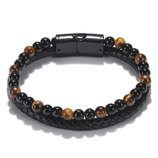 Brazalete de moda para hombre, joyería para hombre, pulsera para hombre, pulsera de cuero multicapa, piedra natural, marrón, dorado, ojo de tigre, cuentas de ágata