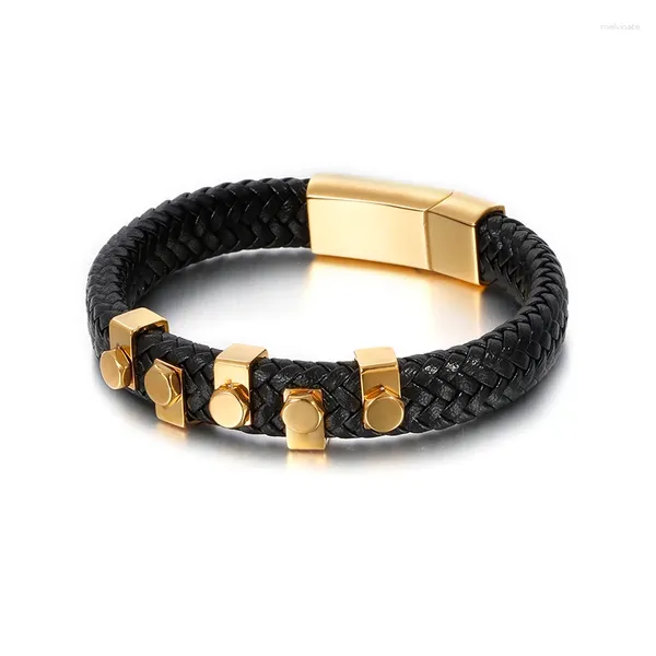 Bracelet en cuir noir pour hommes, tissage de couleur or, breloque à vis en acier inoxydable, fermoir magnétique, manchette, bijoux authentiques