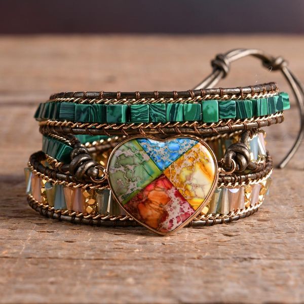 Brazalete de moda de color mezclado de piedra natural pulsera de jaspe para mujeres hombres chakra corazón envoltura pulsera de cadena de cuero brazalete encanto joyería