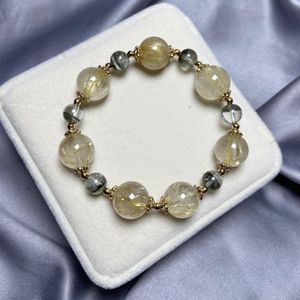 Brazalete de moda natural verde fantasma cuarzo/oro cuentas de cuarzo rutilado pulsera hecha a mano mujeres hombres piedra con cuentas pulsera joyería